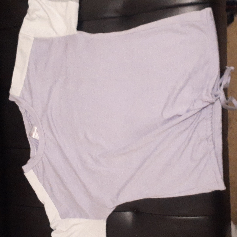 Long sleeved purple shirt with white and grey sleevs.